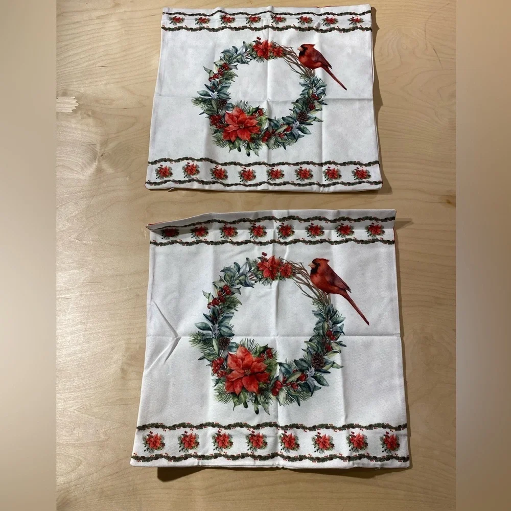 Set of 2 Festive Cardinal Wreath Holiday Pillow Covers 17” x 17” (MV)